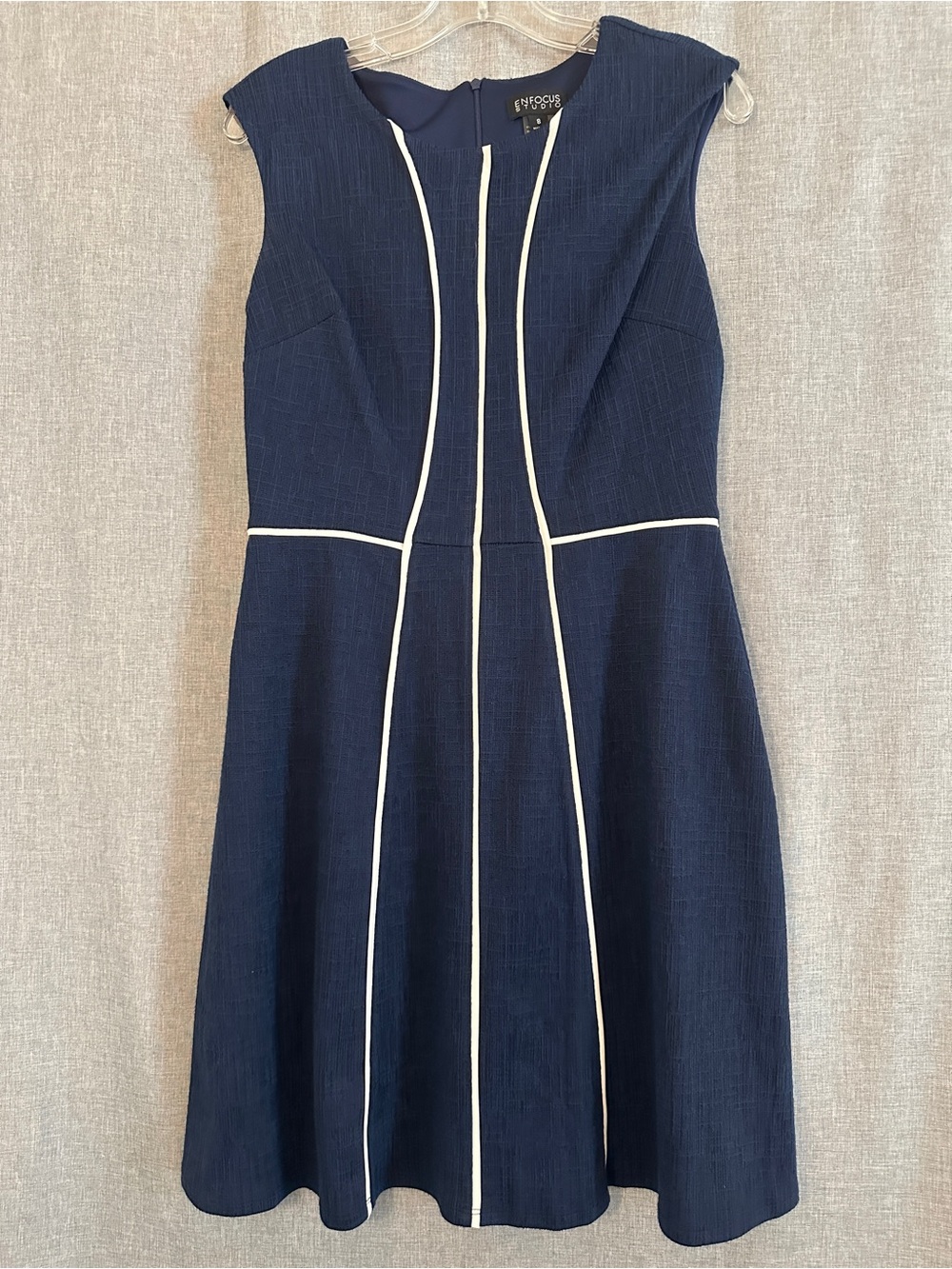 Enfocus Studio Navy Fit-and-Flare Dress with White Pipinge